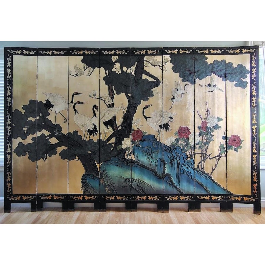 Mid 20th Century Chinese Coromandel Eight Panel Crane and