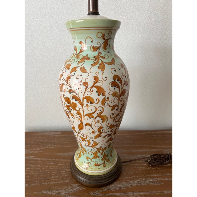 Vintage Hand-Painted Italian Style Ceramic Table Lamp With Ochre Scrollwork & Celadon Green Accents For Sale - Image 4 of 11
