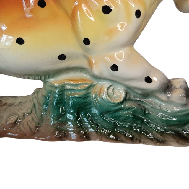 Vintage Ceramic Leopard Cheetah Statue Figurine on Green & Brown Base 12" X 3" X 6" Made in Japan For Sale - Image 14 of 17