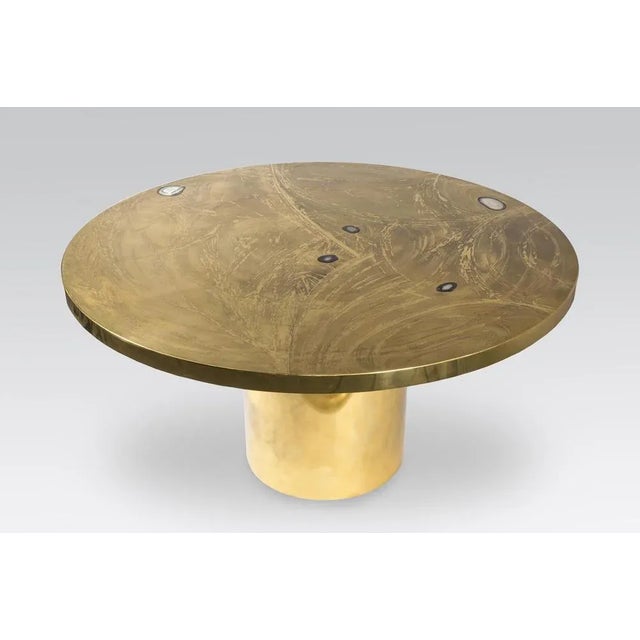 Etched brass dining table inlay 5 agates gemstones by vdl, circa 1980, signed and dated vd.l. 80s, perfect condition, new...