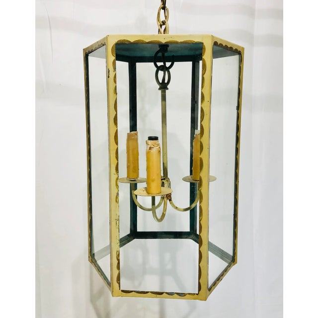 Metal Early 20th Century French Hand Painted Hanging Glass Lantern Chandelier For Sale - Image 7 of 13