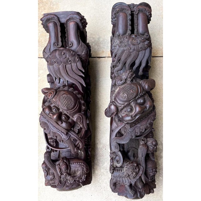 Brown 19th-C. Monumental Chinese Carved Food Dog Corbels / Architectural Fragments, S/2 For Sale - Image 8 of 13