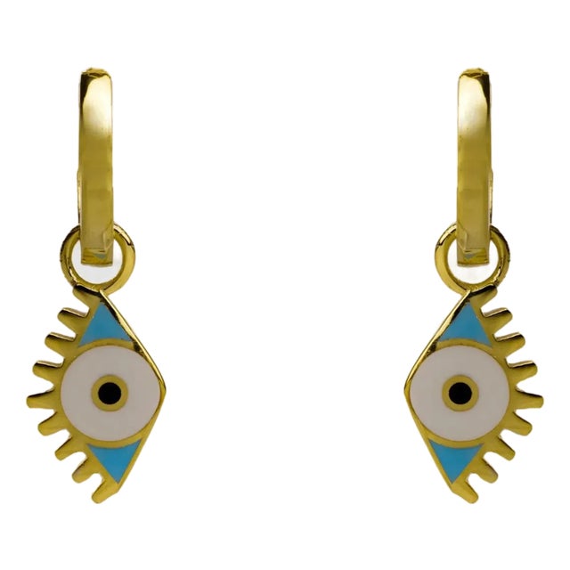 Gold Vermeil Hoop & Blue Enamel Protection Evil Eye Dangle Earrings, A Pair For Sale