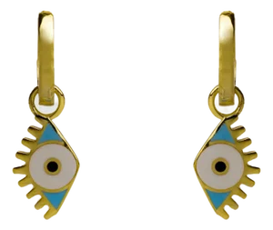 Gold Vermeil Hoop & Blue Enamel Protection Evil Eye Dangle Earrings, A Pair