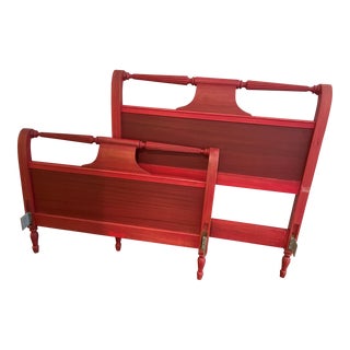 1950s Farmhouse Twin Bed Painted Barn Red - Set of 2 For Sale