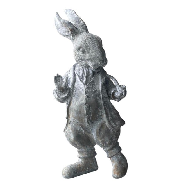 English Vintage Whimsical Cast Iron Dapper Rabbit Garden Statue Holding a Pipe For Sale - Image 3 of 12