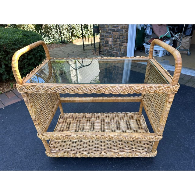 1960s Mid Century Vintage Wicker & Glass Bar Cart – Breezy Elegance With Boho Charm For Sale - Image 5 of 11