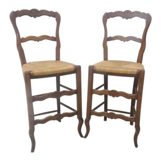 French Country Rush Seat Bar Stools - A Pair For Sale