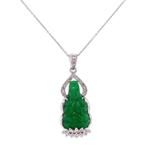 14k White Gold Carved Jade Buddha and Diamond Pendant Necklace