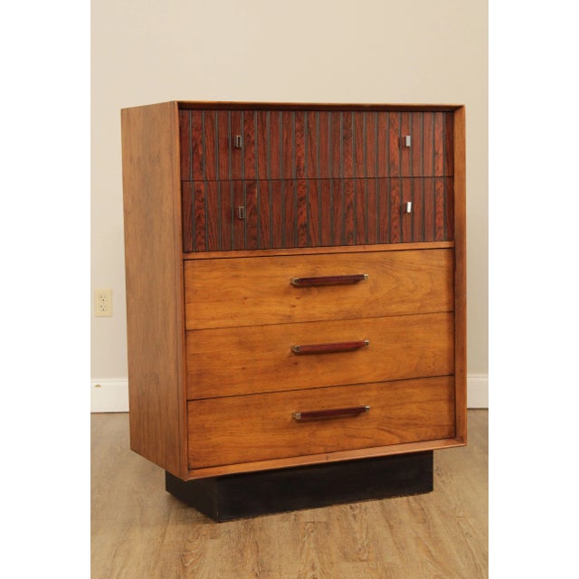 Lane Furniture Lane Mid Century Modern Pecan & Rosewood Tall Chest For Sale - Image 4 of 13