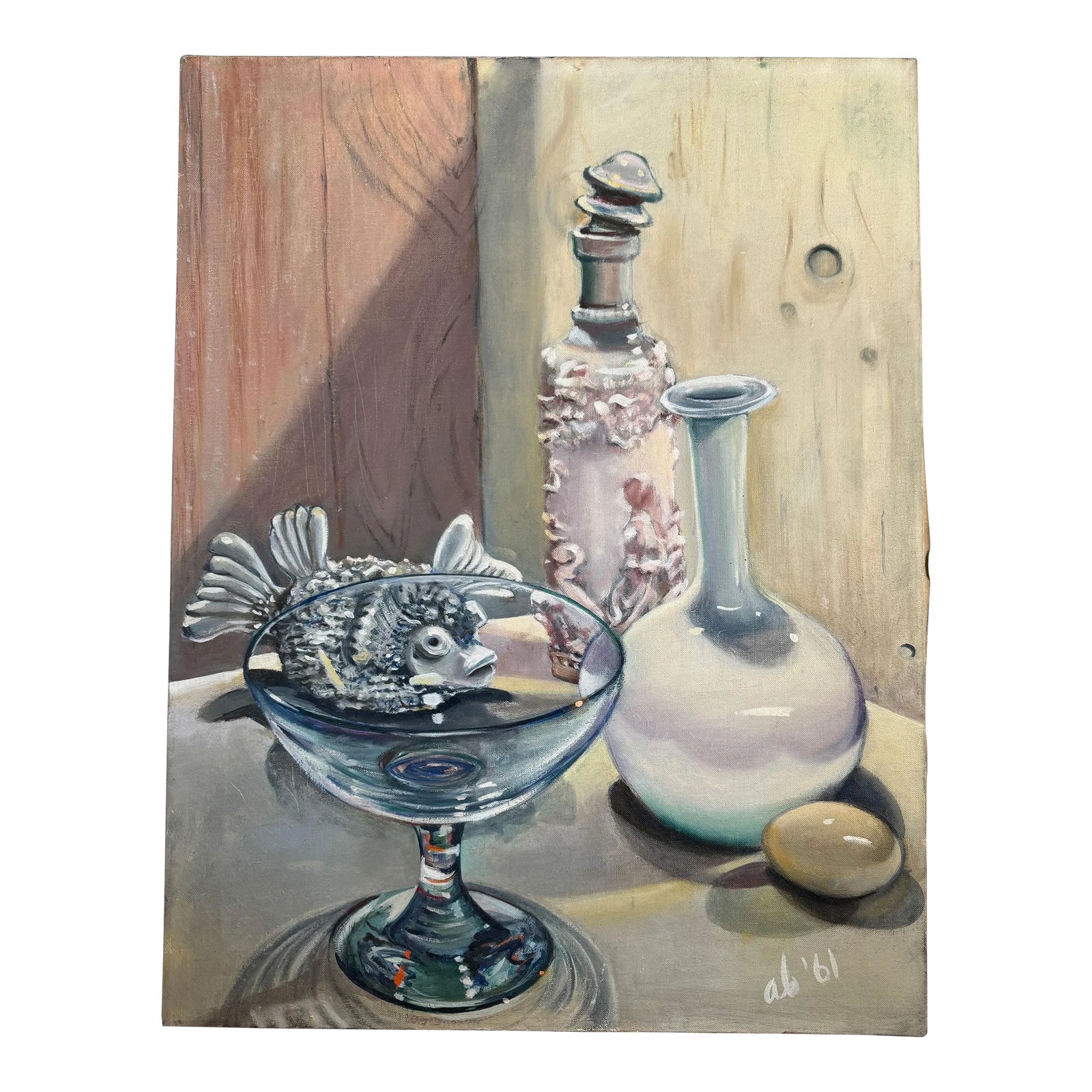 Mid-Century Still Life Painting Featuring a Puffer Fish – Signed A ...