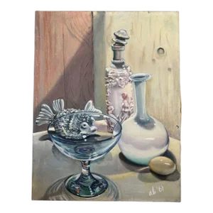Mid-Century Still Life Painting Featuring a Puffer Fish – Signed A. Bassin '61