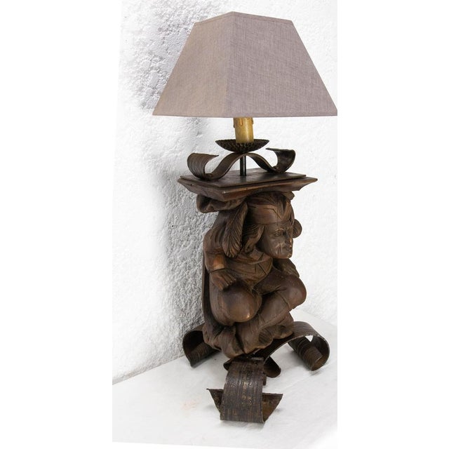 Wood Gargoyle Table Lamp in Wood & Wrough Iron attributed to J M Rothschild, France, 1960s For Sale - Image 7 of 18