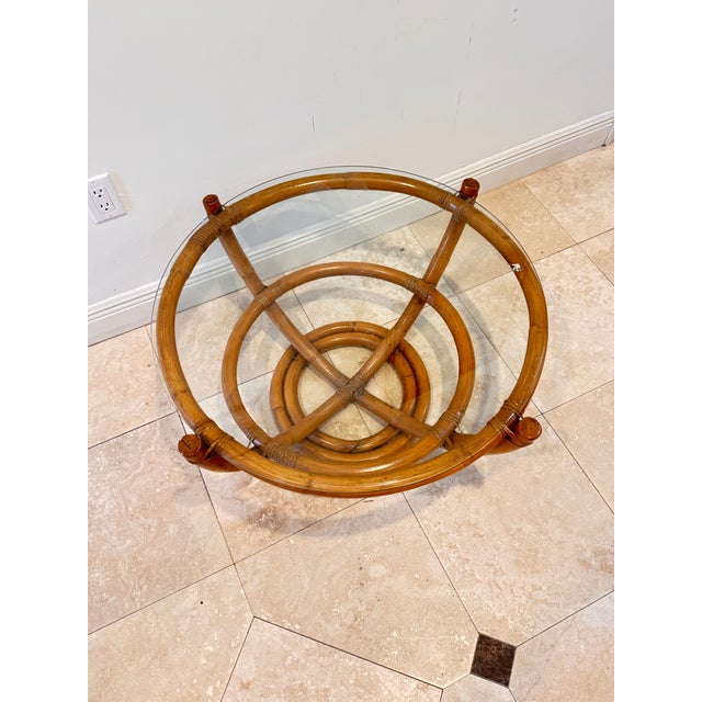 Tan Vintage Sculptural Palm Beach Style Rattan Coffee Table With Round Glass Top, C. 1970s For Sale - Image 8 of 9