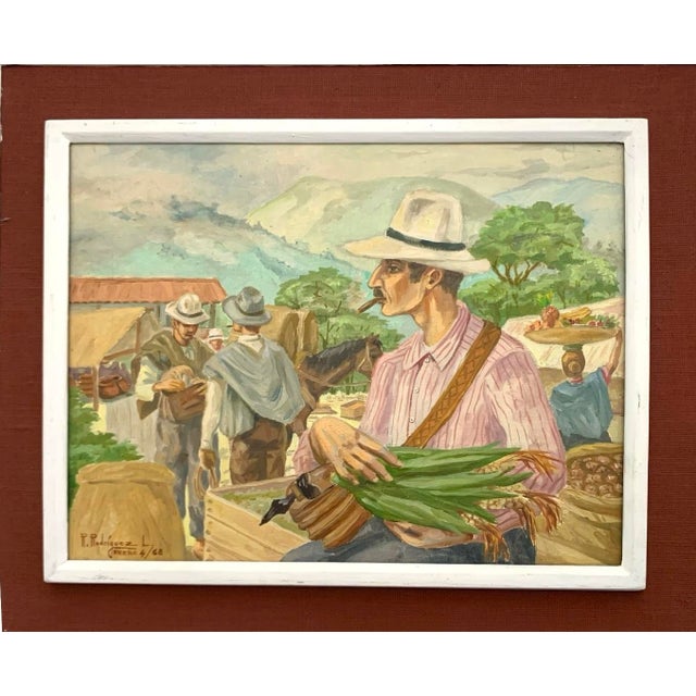 Late 20th Century Painting the Market Latin American Scene Oil on Canvas Signed R. Rodríguez 1968 For Sale - Image 4 of 6