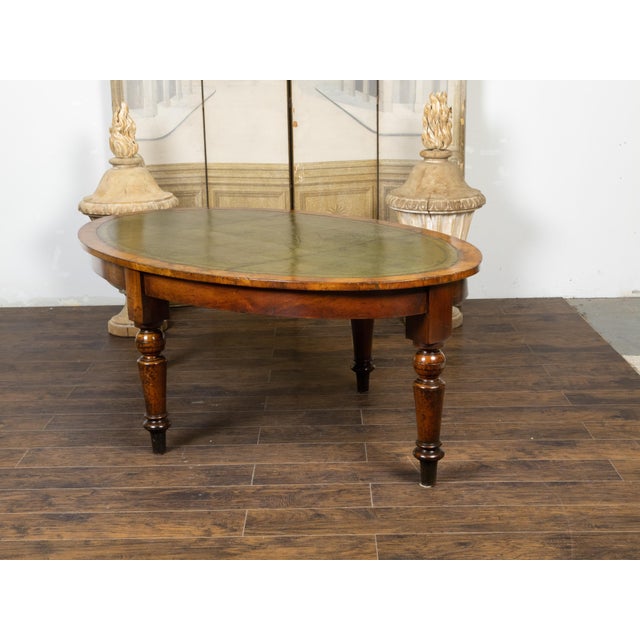 English 19th Century Mahogany Table with Green Leather Oval Top and Turned Legs For Sale - Image 10 of 12