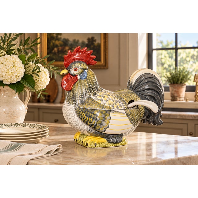 A magnificent large-scale vintage Italian majolica rooster soup tureen, beautifully modeled and hand-painted with...