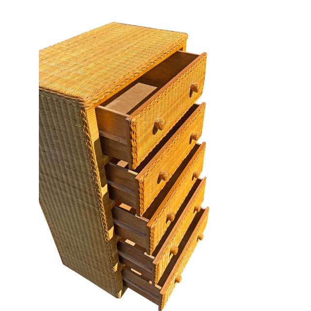 Vintage Wicker Tall Dresser or Chest of Drawers in Boho Chic Coastal Style For Sale - Image 4 of 6
