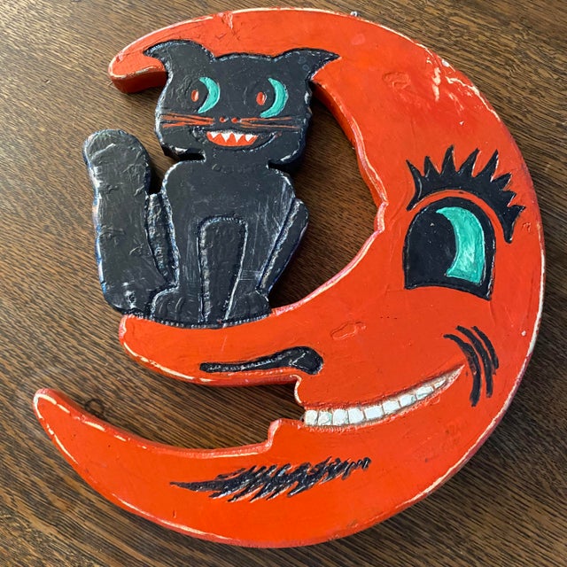 2020s "Black Cat in the Moon" Double Sided Hanging Vintage Style Halloween Decor Folk Art For Sale - Image 5 of 8