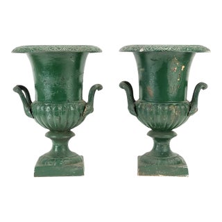 Pair of Antique Neoclassical Green-Painted Cast Iron Garden Urns | Ca. 19th Century For Sale