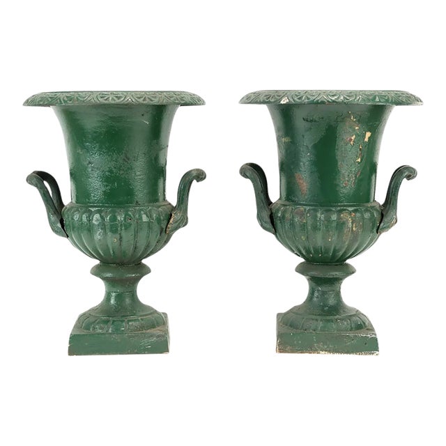 Pair of Antique Neoclassical Green-Painted Cast Iron Garden Urns | Ca. 19th Century For Sale