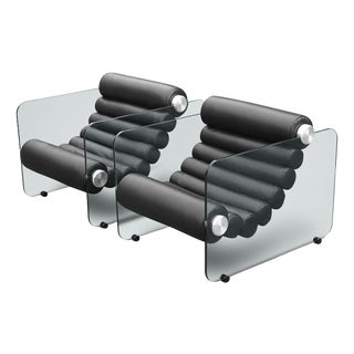 Leather and Glass Hyaline Armchairs by Fabio Lenci for Comfortline, Italy, 1960s, Set of 2 For Sale