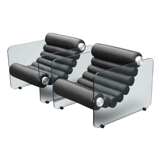 Leather and Glass Hyaline Armchairs by Fabio Lenci for Comfortline, Italy, 1960s, Set of 2 For Sale