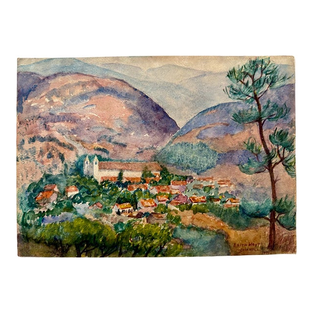 Edith Hoyt Signed 1944 Chinantla Mountain Village Landscape Original Watercolor For Sale