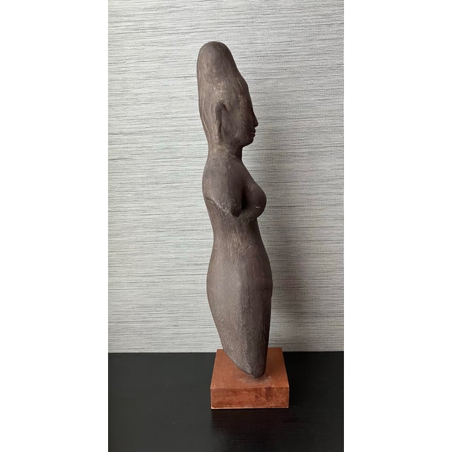 Antique Khmer Sandstone Female Deity Figure on a Wooden Base, 20" T For Sale - Image 4 of 12