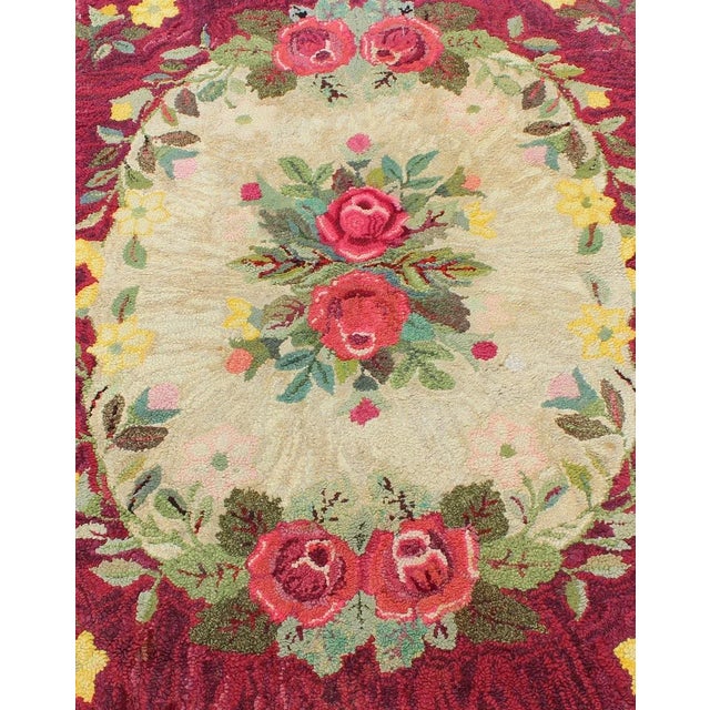 Early 20th Century Vintage American Hooked Rug With Red Rose and Yellow Flower Bouquets 3'2"x4'3" For Sale - Image 5 of 8