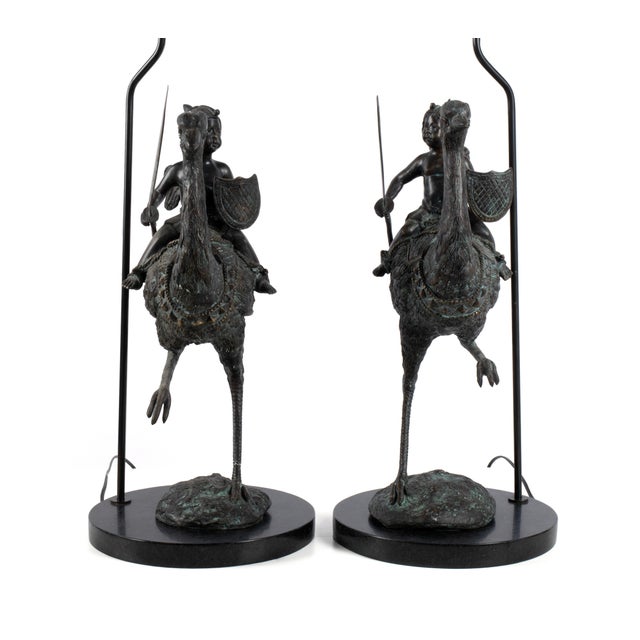 Mid 20th Century Charming Pair of Bronze Ostrich Lamps With Cherubs For Sale - Image 4 of 12