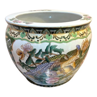 Chinese Ceramic Bird Planter W/ Koi Fish Interior For Sale
