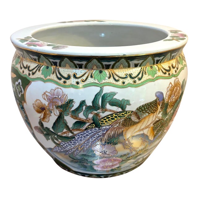 Chinese Ceramic Bird Planter W/ Koi Fish Interior For Sale
