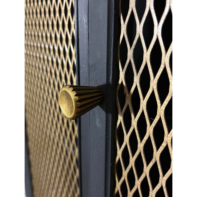 Mid 20th Century Mid 20th Century Modern Hollywood Regency-Inspired Ebony Display Cabinet With Brass Mesh Door For Sale - Image 5 of 11