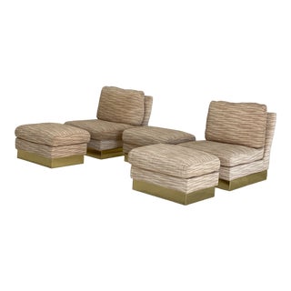 Pair of Roche Bobois Brass Based Upholstered Chairs and Ottomans For Sale