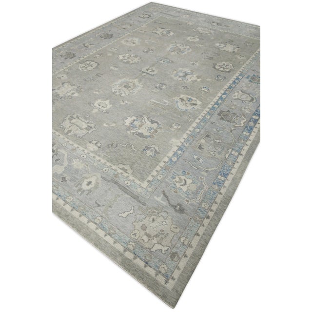 Early 21st Century Early 21st Century Gray & Blue Handwoven Wool Turkish Oushak Rug – Floral Design, 8'10" X 11'10" For Sale - Image 5 of 8