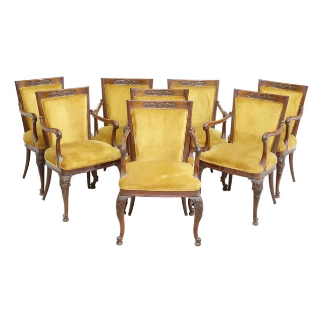 1900's Vintage Continental Carved Mahogany Yellow Velvet Armchairs- Set of 8 For Sale