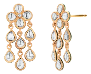Handcrafted Indian 14k Gold Polki Diamond and Meenakari Enamel Drop Earrings, A Pair