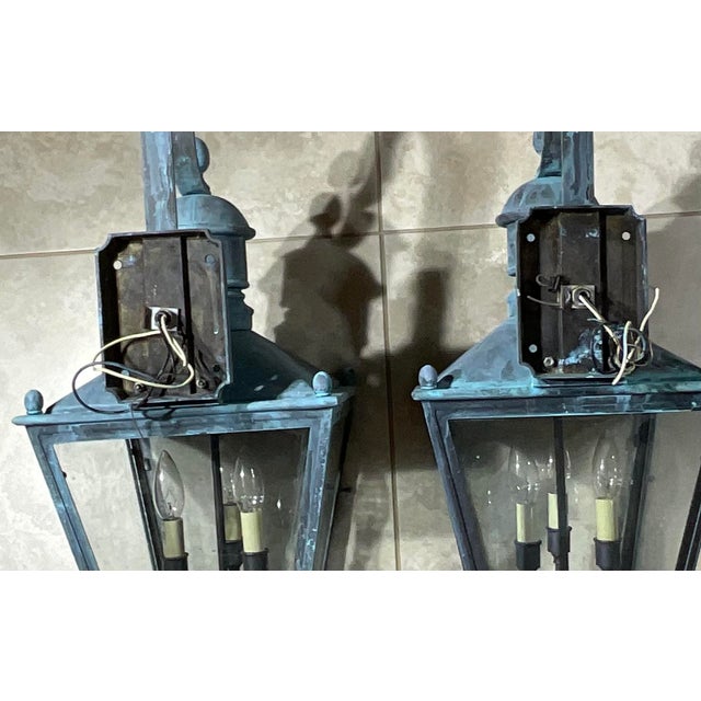 Large Pair of Vintage Solid Brass Wall Lanterns - 12”x 12”x 24” For Sale - Image 12 of 15