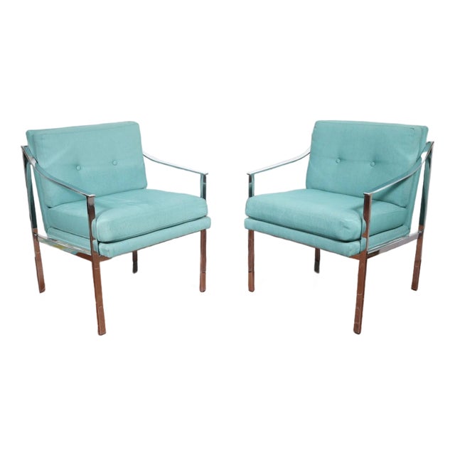 Vintage Pair Mid Century Chrome Frame Chairs Milo Baughman Style Green Fabric Modern Retro Sculptural 60's 70’s For Sale