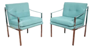 Vintage Pair Mid Century Chrome Frame Chairs Milo Baughman Style Green Fabric Modern Retro Sculptural 60's 70’s