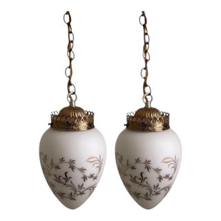 Vintage Hollywood Regency MCM Brass Gold Crown Frosted Glass Almond Shape Pendant Lights For Sale