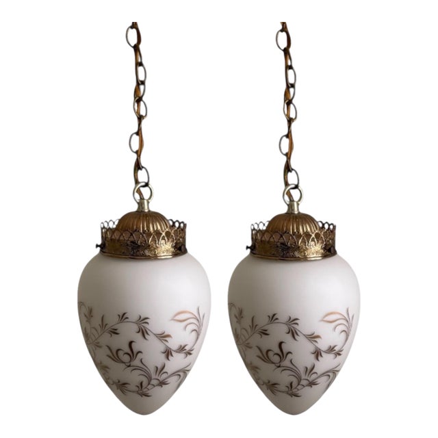 Vintage Hollywood Regency MCM Brass Gold Crown Frosted Glass Almond Shape Pendant Lights For Sale