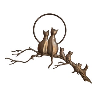 Brass Cat Family in a Tree With Moon Wall Art For Sale