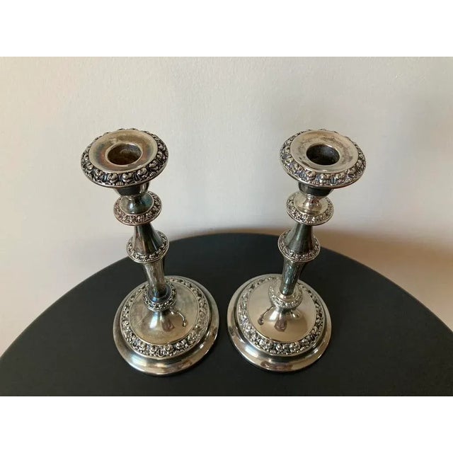 19th Century English Georgian Design Silver Plate Tall Candlesticks- A Pair For Sale - Image 5 of 12