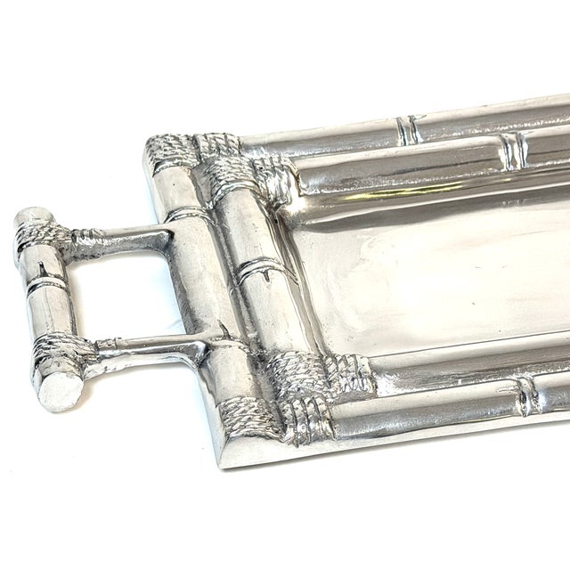 Arthur Court Attributed Faux Bamboo Cast Pewter Gallery Tray with Handles For Sale - Image 4 of 10