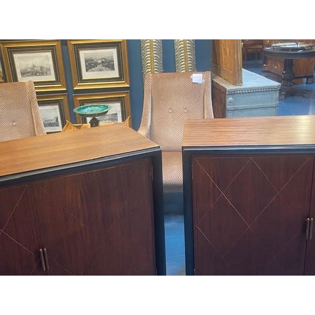 Mid-Century Modern Pair of French MCM Brass Inlaid Mahogany and Ebony Side Cabinets For Sale - Image 3 of 7