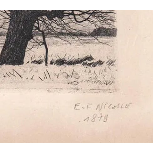 E.F. Nicolle (1830-1894) landscape etching on paper. Pencil signed and dated 1879. "Calcographie Musee du Louvre" blind...