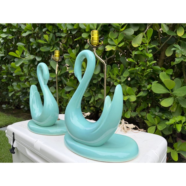Vintage Sculptural Aqua Swan Table Lamps, Pair For Sale In Naples, FL - Image 6 of 11