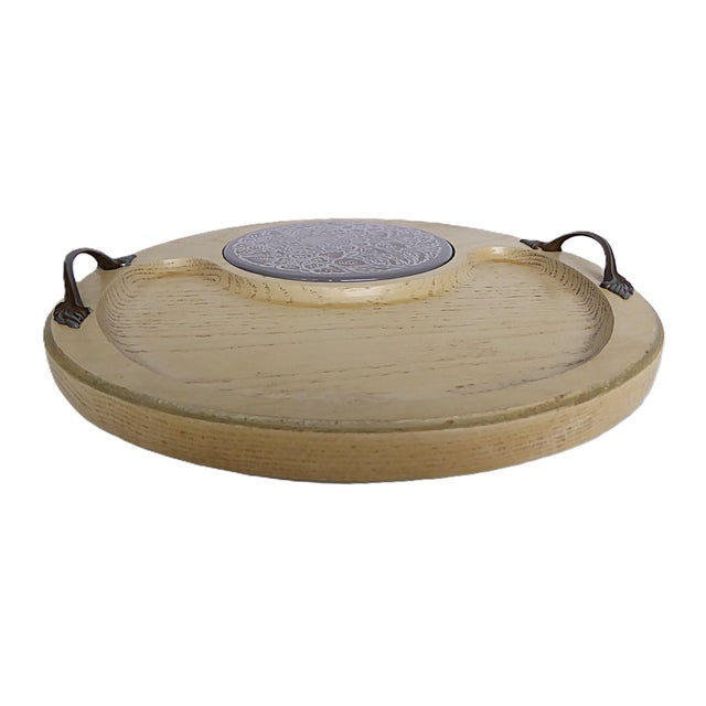 Georges Briard Vintage Georges Briard Ceruse Oak Finish W. Ceramic "Silver Damask" Tile Cheese Board 1969 For Sale - Image 4 of 10